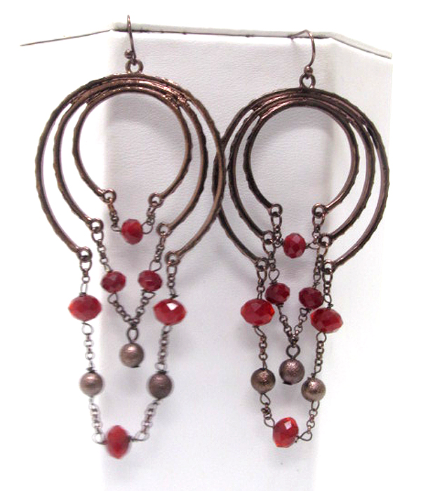 TRI HOOP AND HANGING METAL CHAIN AND BEADS DROP EARRING - HOOPS
