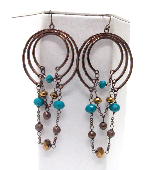 TRI HOOP AND HANGING METAL CHAIN AND BEADS DROP EARRING - HOOPS
