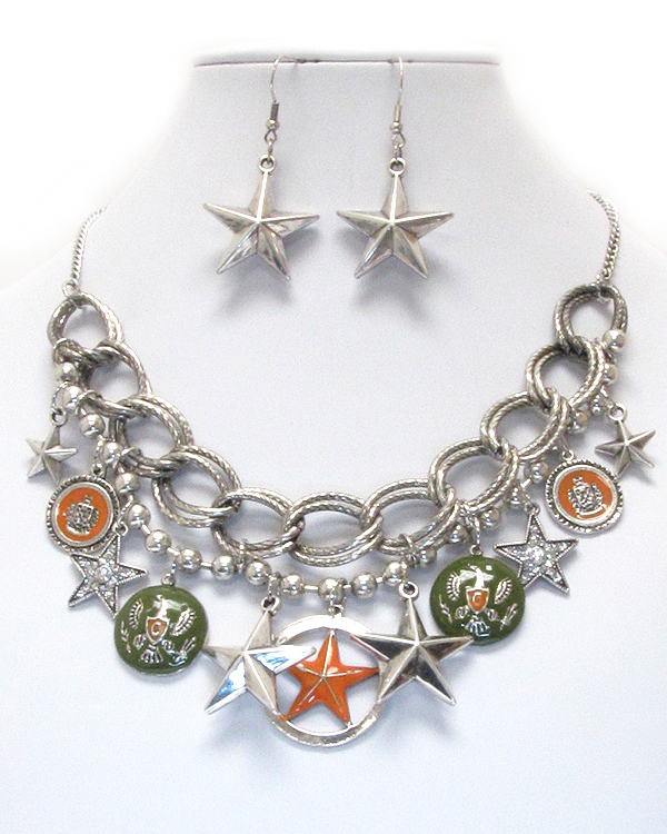 WESTERN THEME CRYSTAL DECO MULTI STAR AND CHAIN NECKLACE EARRING SET