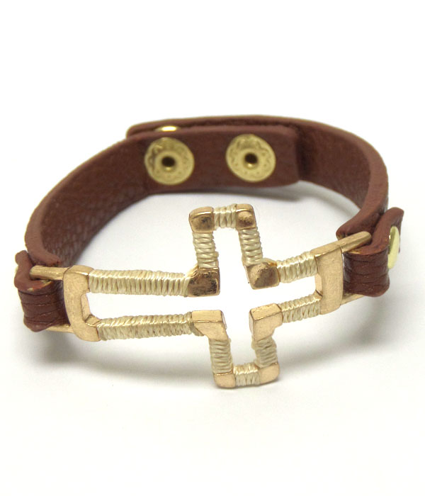 METAL CROSS WITH LEATHER BAND BUTTON BRACELET