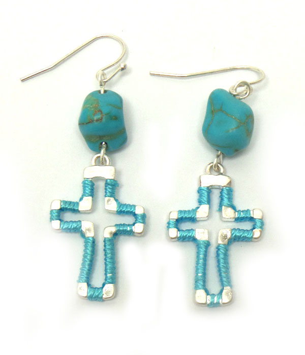 CUT OUT METAL CROSS WRAPPED WITH THREAD FISH HOOK EARRINGS