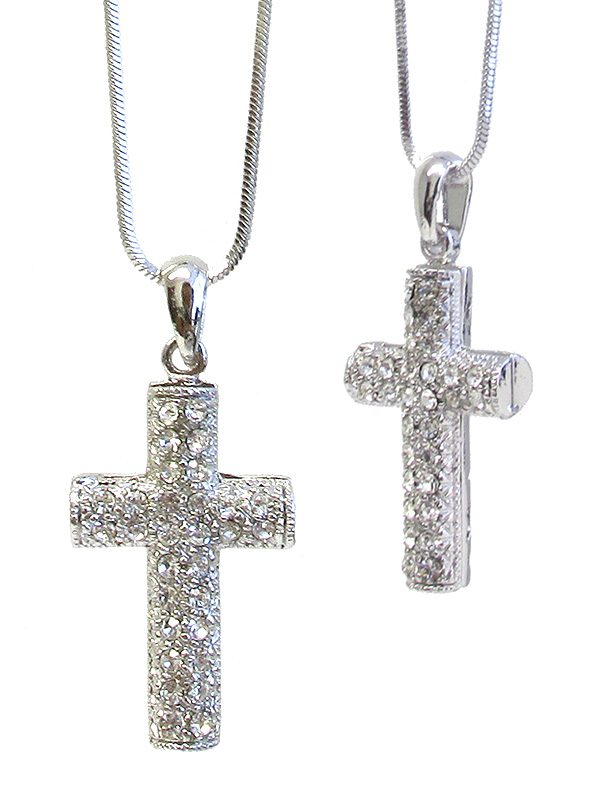 MADE IN KOREA WHITEGOLD PLATING CRYSTAL PUFFY CROSS PENDANT NECKLACE