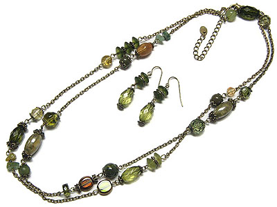 MULTI NATURAL STONE AND BEADS LONG NECKLACE AND EARRING SET