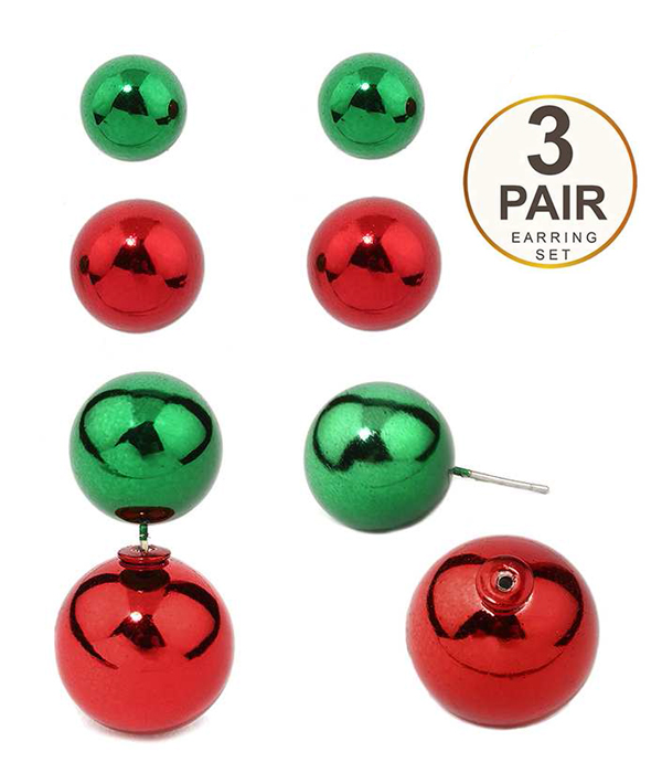 CHRISTMAS THEME DOUBLE SIDED 3 PAIR EARRING SET - BOW AND BALL