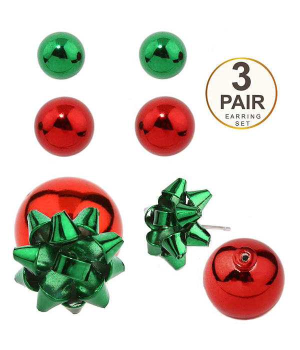 CHRISTMAS THEME DOUBLE SIDED 3 PAIR EARRING SET - BOW AND BALL