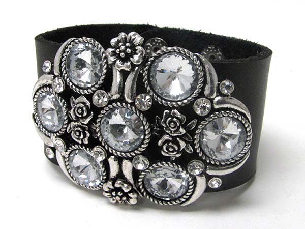 CRYSTAL AND METAL FLOWER TOP LEATHER WRIST BAND