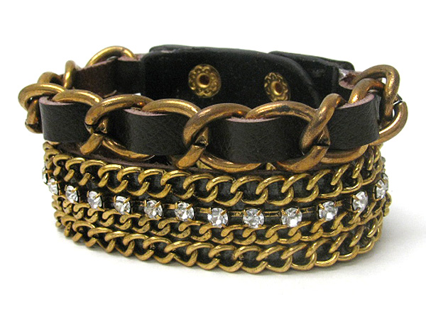 RHINESTONE AND MULTI CHAIN WRAP SYNTHETIC LEATHER WRIST BAND