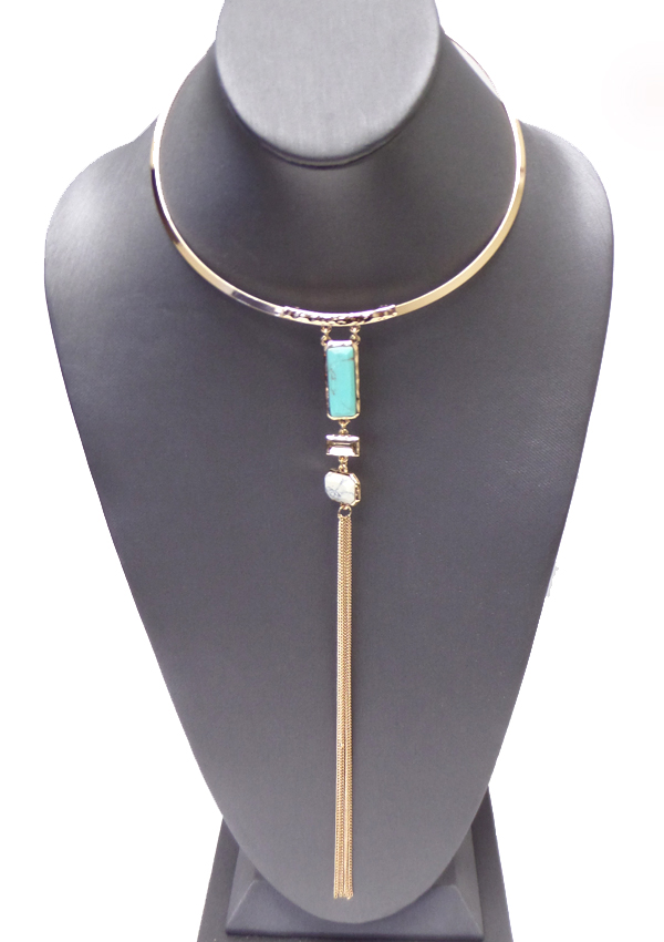TURQUOISE AND LONE TASSEL DROP CHOCKER NECKLACE