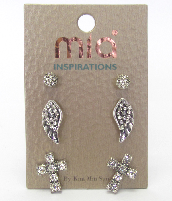WING AND CROSS MIX 3 PAIR EARRING SET