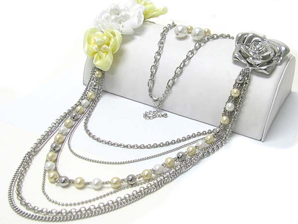 FABRIC FLOWER SIDE PEARL AND MULTI METAL CHAIN NECKLACE EARRING SET