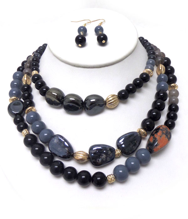 MULTI BALL AND STONE BEADS MIX THREE LAYER NECKLACE SET