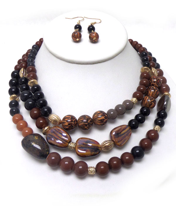 MULTI BALL AND STONE BEADS MIX THREE LAYER NECKLACE SET