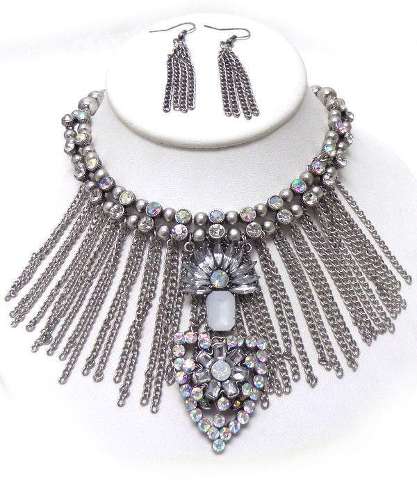 MULTI CRYSTAL BALL AND CHAIN TASSEL DROP NECKLACE SET