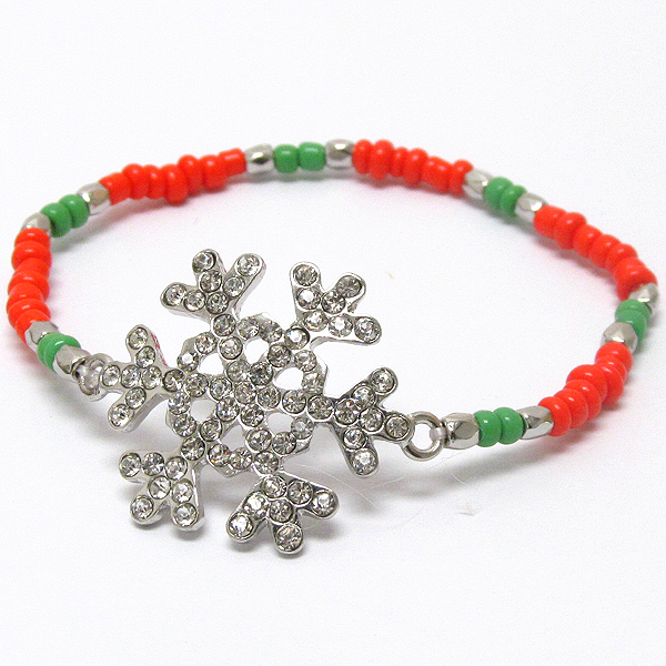 CRYSTAL SNOWFLAKE AND SEED BEADS STRETCH BRACELET