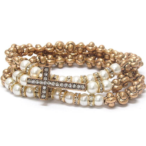 CRYSTAL CROSS AND PEARL STRETCH WRAP BRACELET