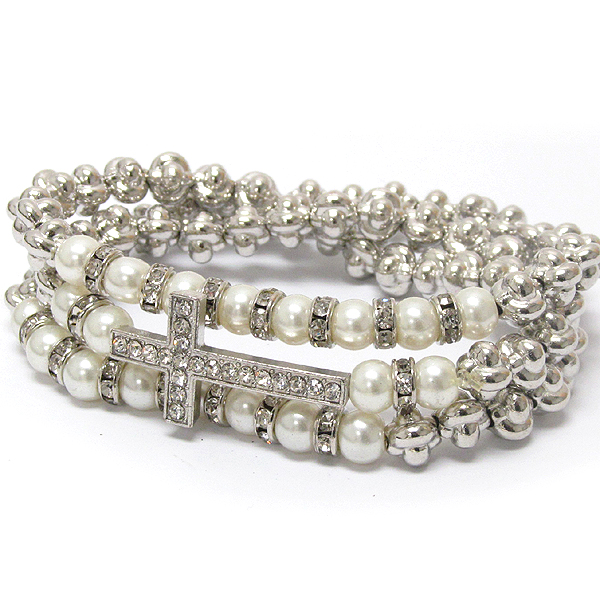 CRYSTAL CROSS AND PEARL STRETCH WRAP BRACELET