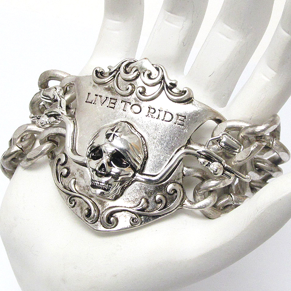 SKULL AND LIVE TO RIDE BIKERS DOUBLE CHAIN BRACELET