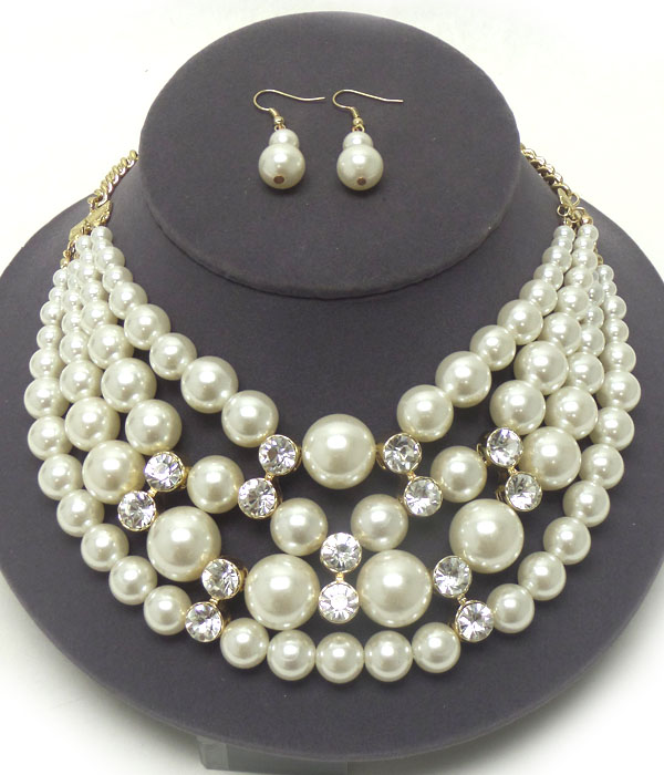 FOUR LAYER PEARL WITH CRYSTALS NECKLACE SET 