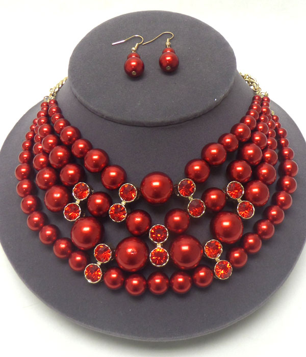 FOUR LAYER PEARL WITH CRYSTALS NECKLACE SET 