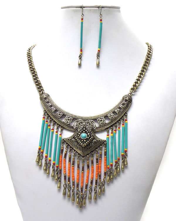 BOHEMIAN STYLE WITH SEEB BEADS VINATGE METAL NECKLACE SET