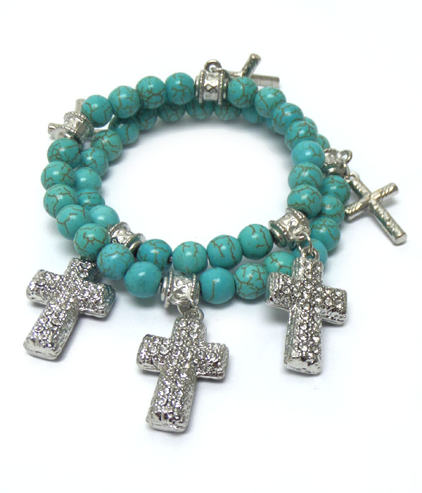 TURQUOISE AND CRYSTAL CROSS WRAP AROUND STRETCH BRACELET