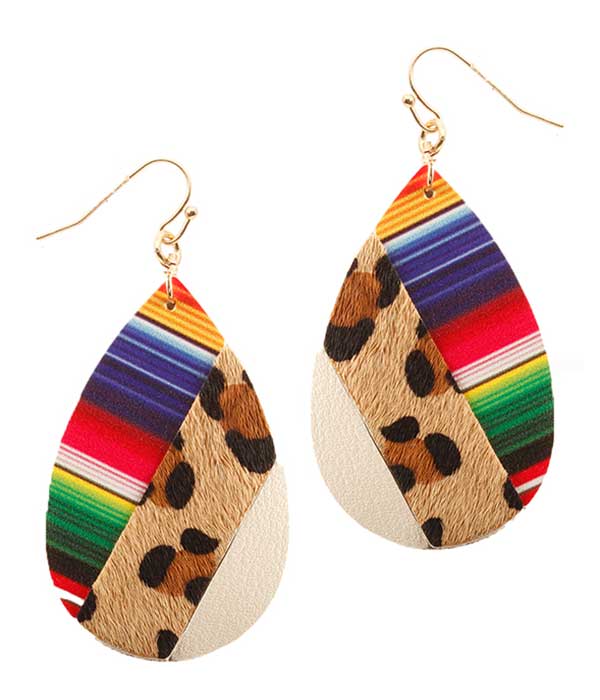 FAUX LEATHER AND FABRIC MIX ANIMAL PRINT AND MOSAIC EARRING - TEARDROP