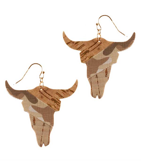 FAUX LEATHER AND CORK MIX MILITARY LOOK CAMOUFLAGE EARRING - LONG HORN