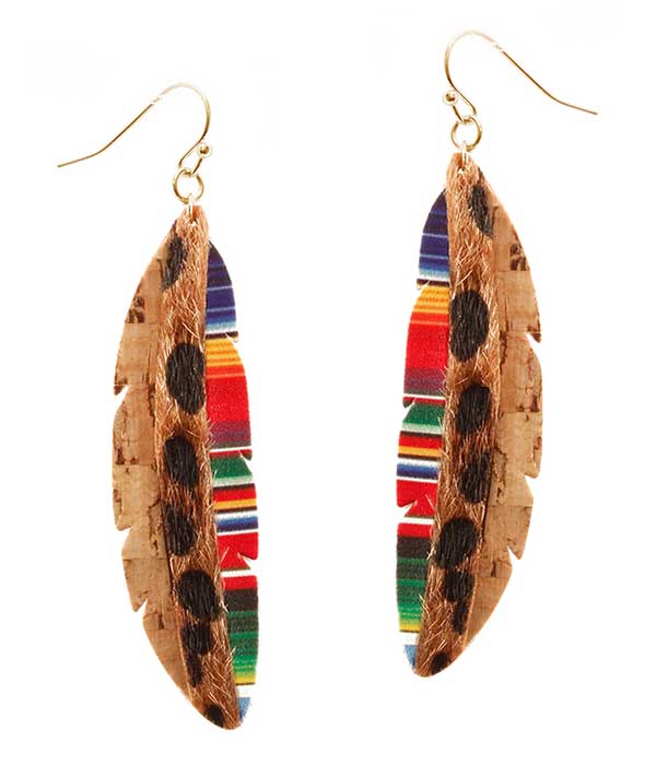 FAUX LEATHER AND CORK MIX ANIMAL PRINT AND MOSAIC EARRING - FEATHER