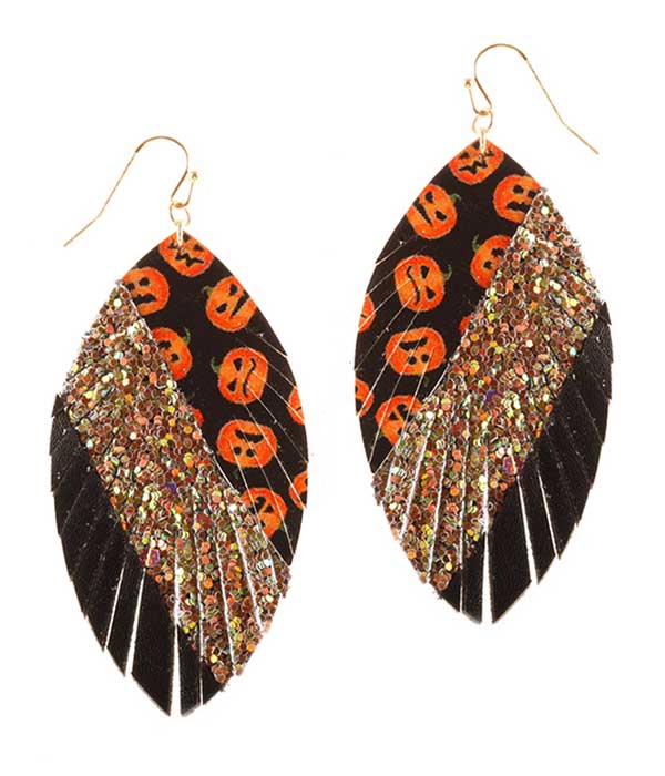 FAUX LEATHER HALLOWEEN THEME GLITTERING MARQUISE EARRING