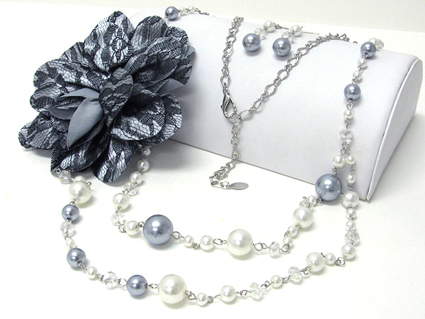 MULTI PEARL LINK AND FABRIC FLOWER CORSAGE NECKLACE EARRING SET