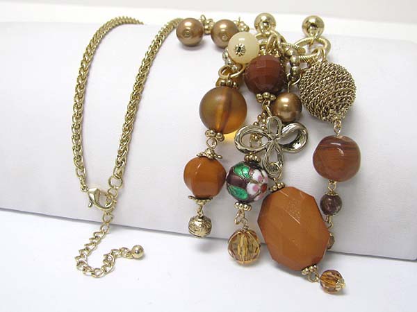 MULTI ACRYL STONE AND METAL MESH BALL DROP LONG NECKLACE EARRING SET