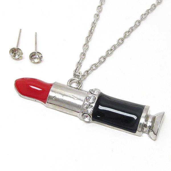 CRYSTAL AND EPOXY LIPSTICK NECKLACE EARRING SET
