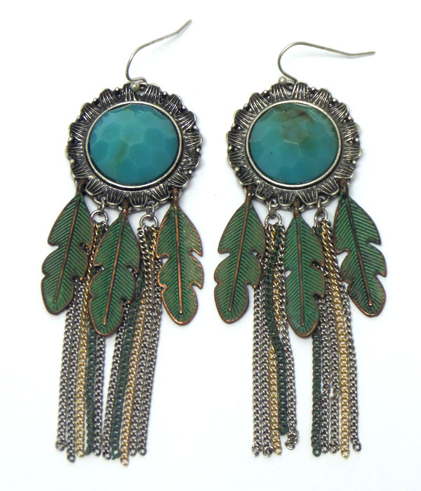 STONE WITH FEATHER AND TASSEL DROP HOOK EARRINGS