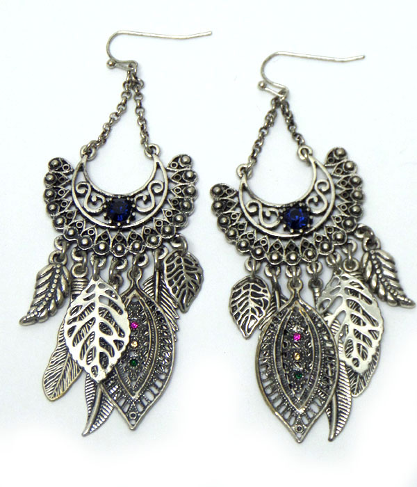 METAL FEATHER WITH STONE HOOK EARRINGS