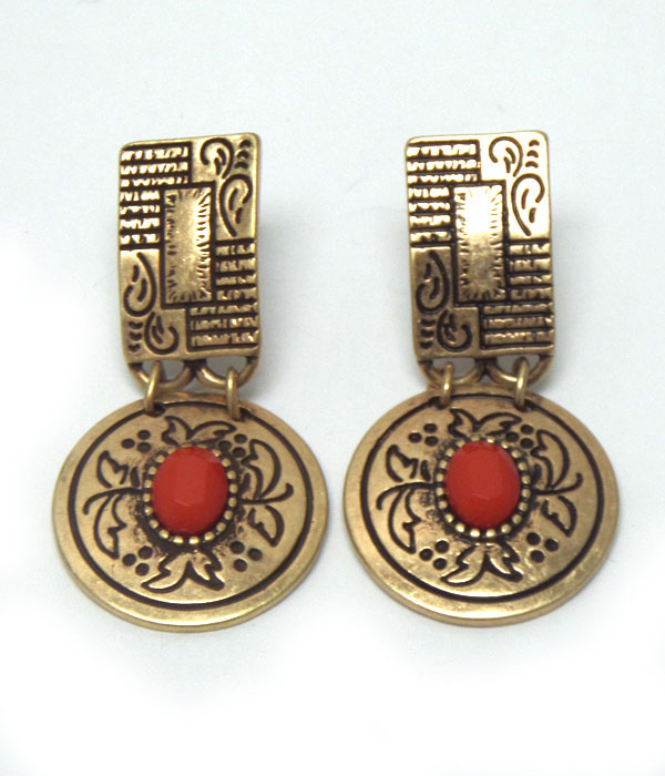 DESIGN METAL WITH STONE IN CENTER DROP EARRINGS