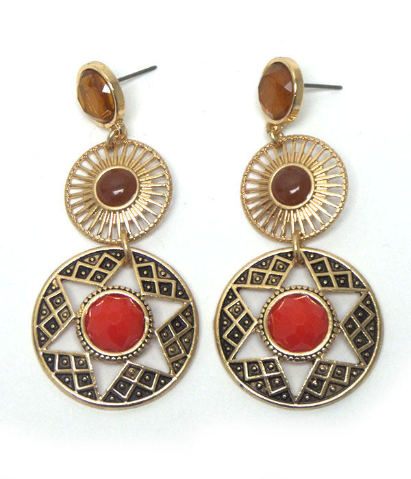 TRIBAL STYLE LINKED DISKS WITH STONE EARRINGS