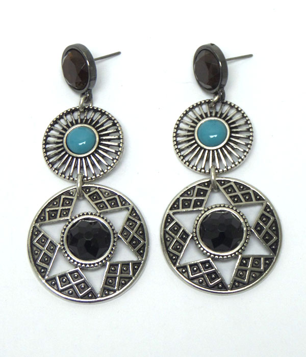 TRIBAL STYLE LINKED DISKS WITH STONE EARRINGS