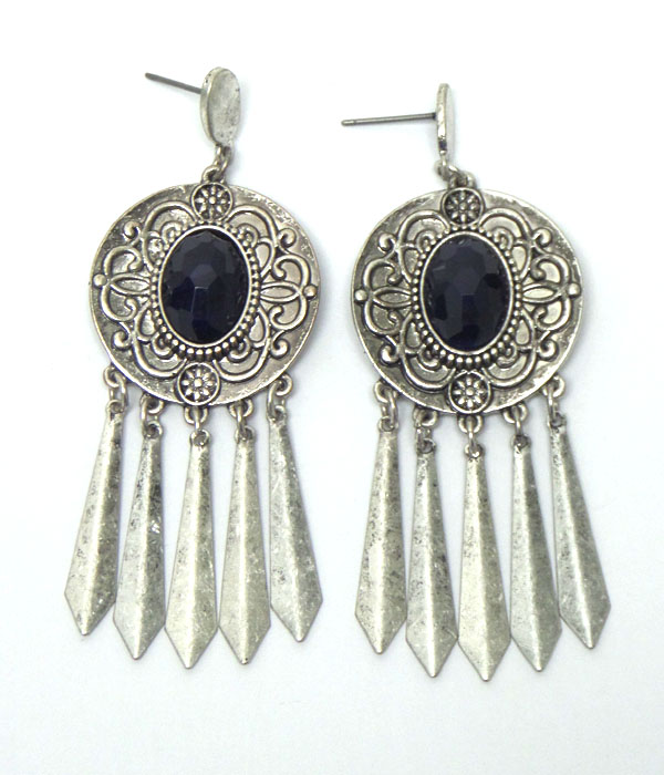 BOLD TEXTURED METAL WITH CENETER STONE METAL DROP EARRINGS 