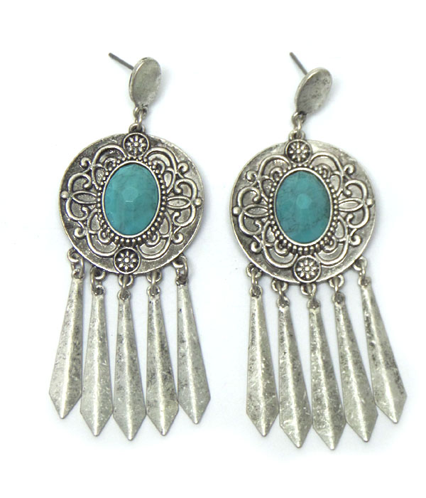 BOLD TEXTURED METAL WITH CENETER STONE METAL DROP EARRINGS