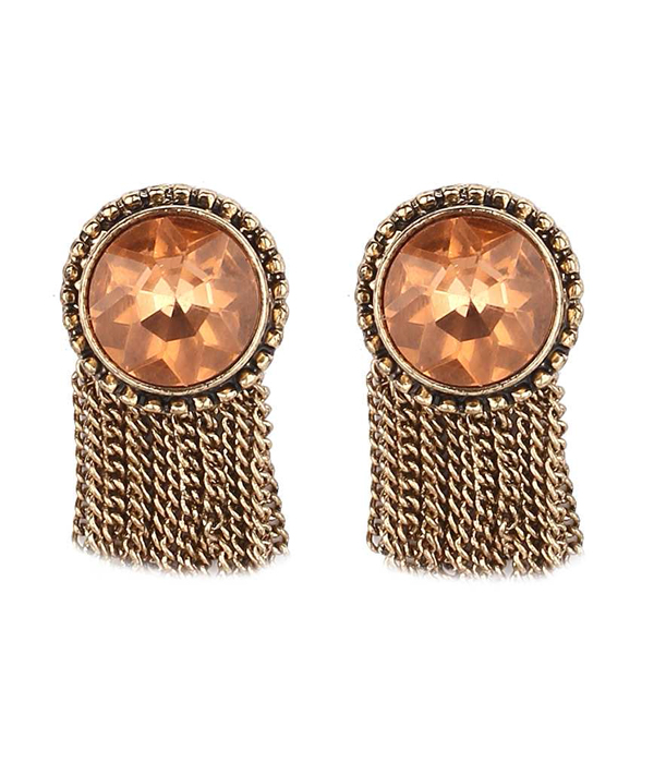 FACET GLASS AND CHAIN TASSEL DROP STUD EARRING