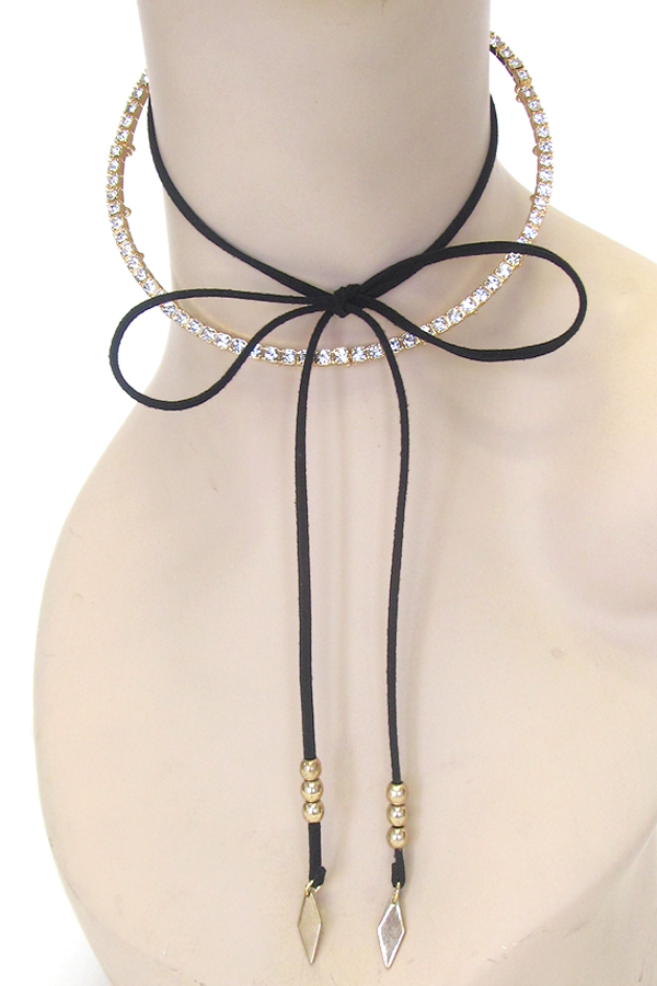 CRYSTAL CHOKER AND SUEDE BOW DOUBLE LAYER NECKLACE
