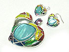 SHELL AND COLOR METAL CASTING HEART PENDANT EARRING SET