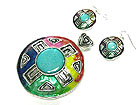 SHELL AND COLOR METAL CASTING ROUND PENDANT EARRING SET