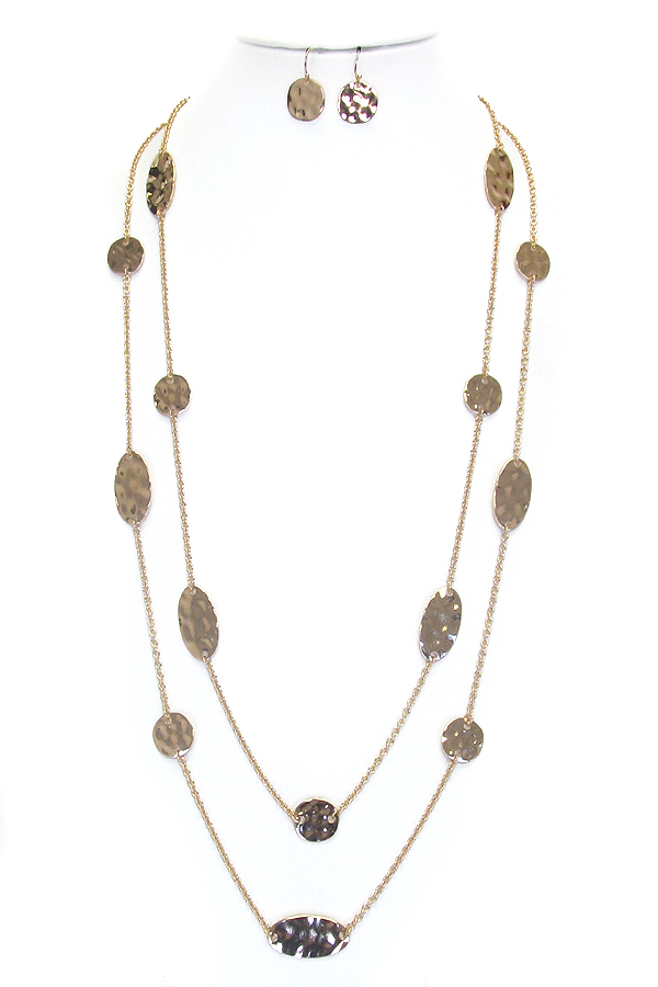 HAMMERED METAL DISK LINK DOUBLE LAYER LONG NECKLACE SET