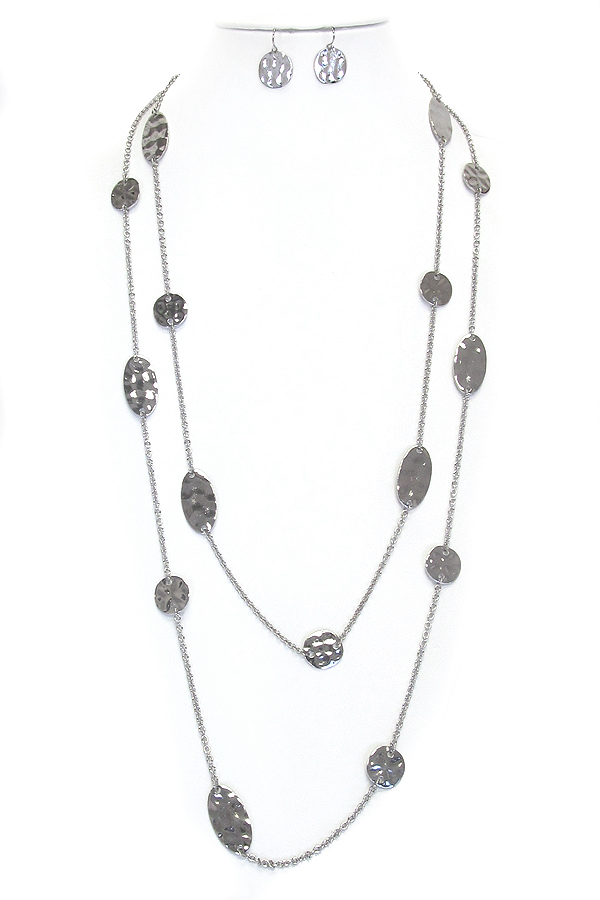 HAMMERED METAL DISK LINK DOUBLE LAYER LONG NECKLACE SET