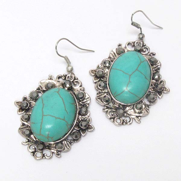 CRYSTAL AND TURQUOISE DECO OVAL EARRING