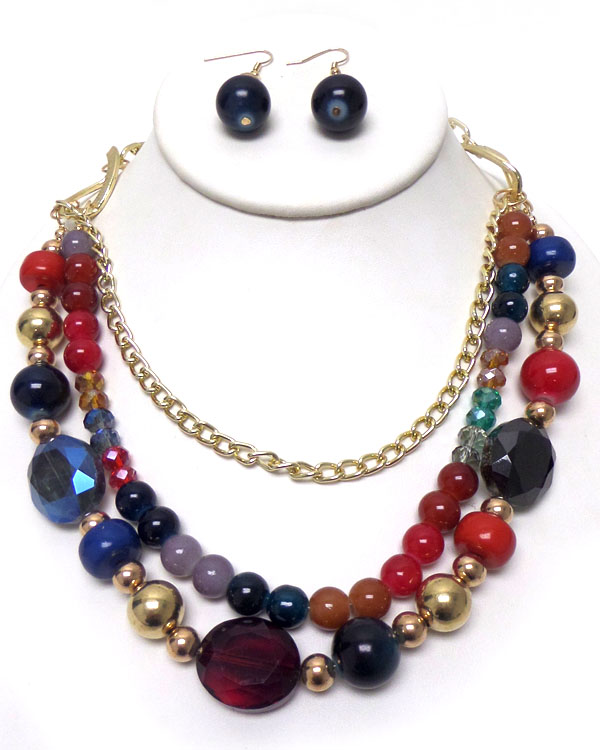 THREE LAYER STONE AND BEADS NECKLACE SET