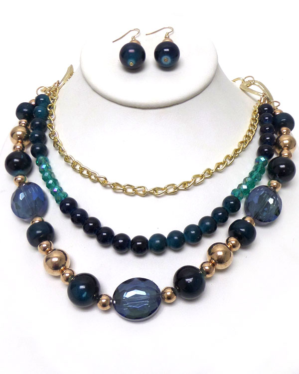 THREE LAYER STONE AND BEADS NECKLACE SET 
