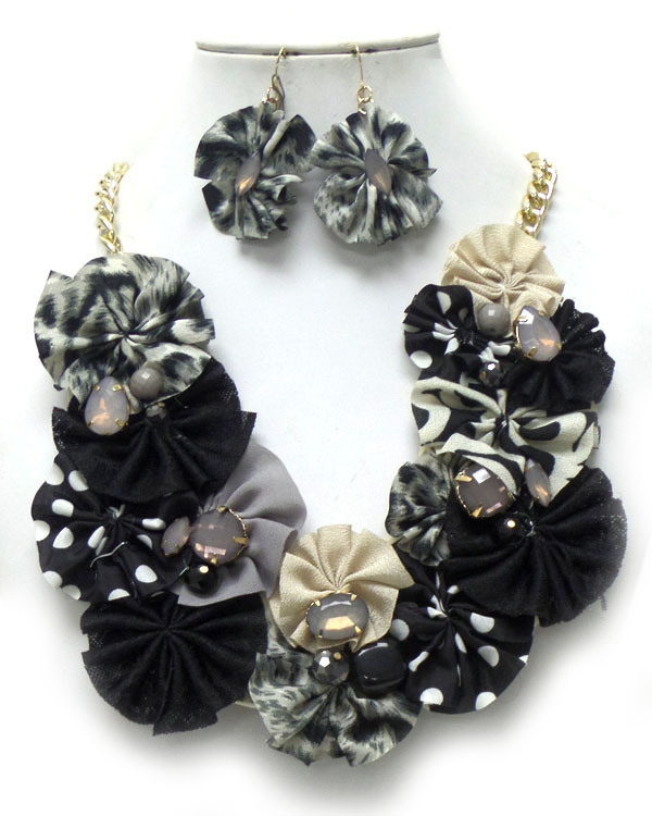 CLOTH MULTI DESIGN FLOWERS WITH BEADS NECKLACE SET