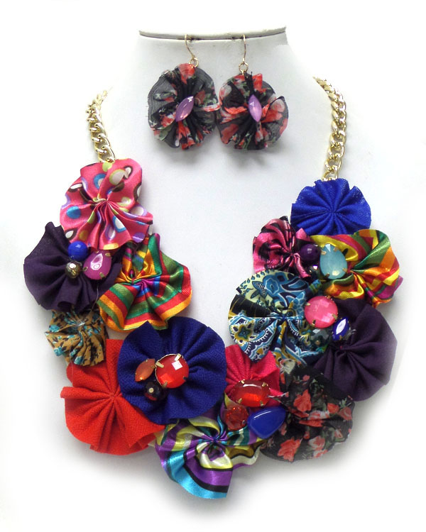 CLOTH MULTI DESIGN FLOWERS WITH BEADS NECKLACE SET